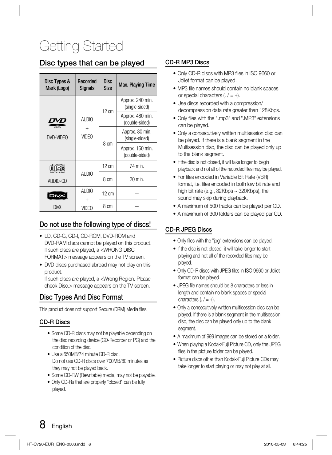 Samsung HT-C729/XEG Disc types that can be played, Disc Types And Disc Format, CD-R Discs, CD-R MP3 Discs, CD-R Jpeg Discs 