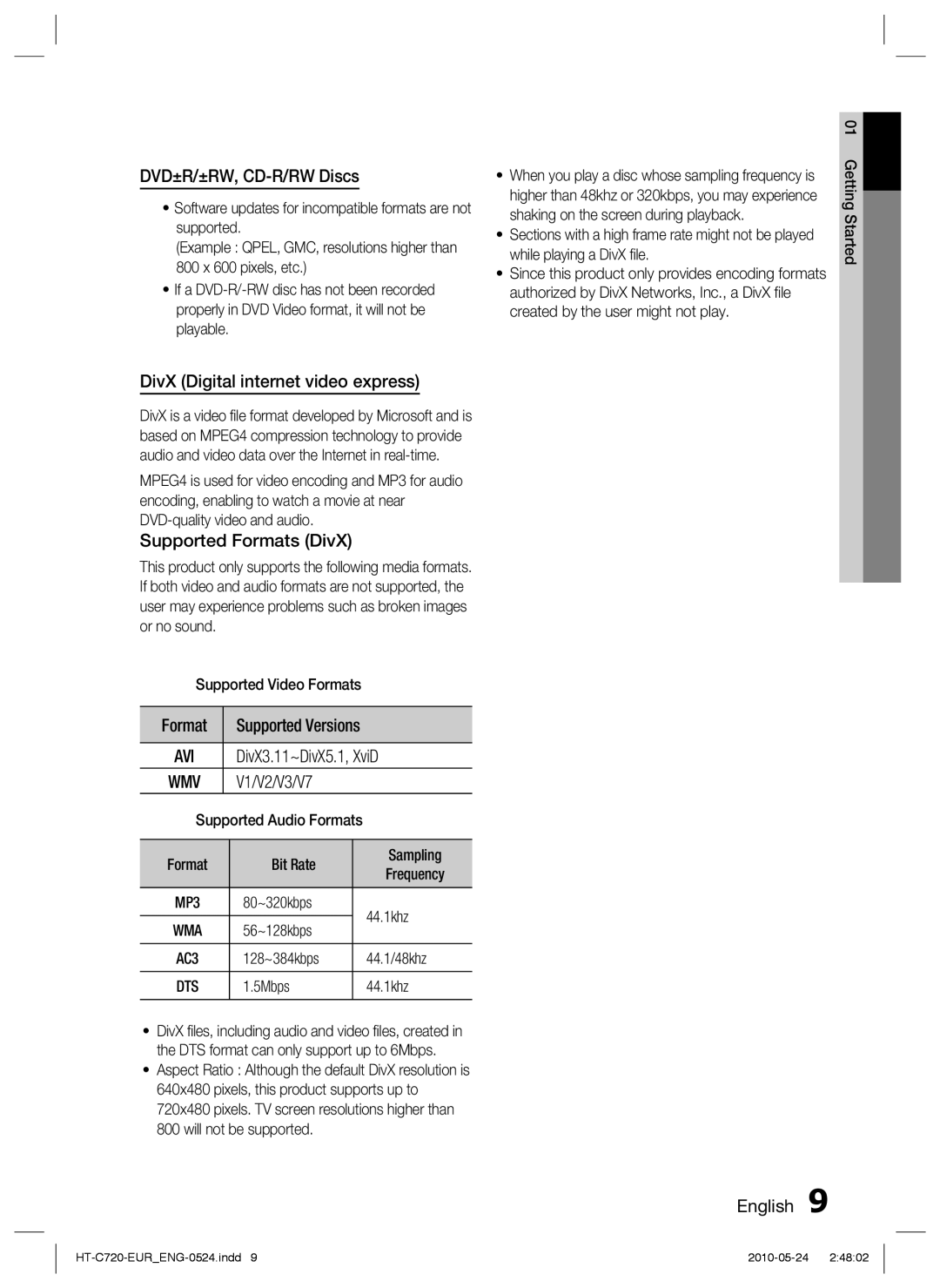 Samsung HT-C720/XEF DVD±R/±RW, CD-R/RW Discs, DivX Digital internet video express, Supported Formats DivX, V1/V2/V3/V7 