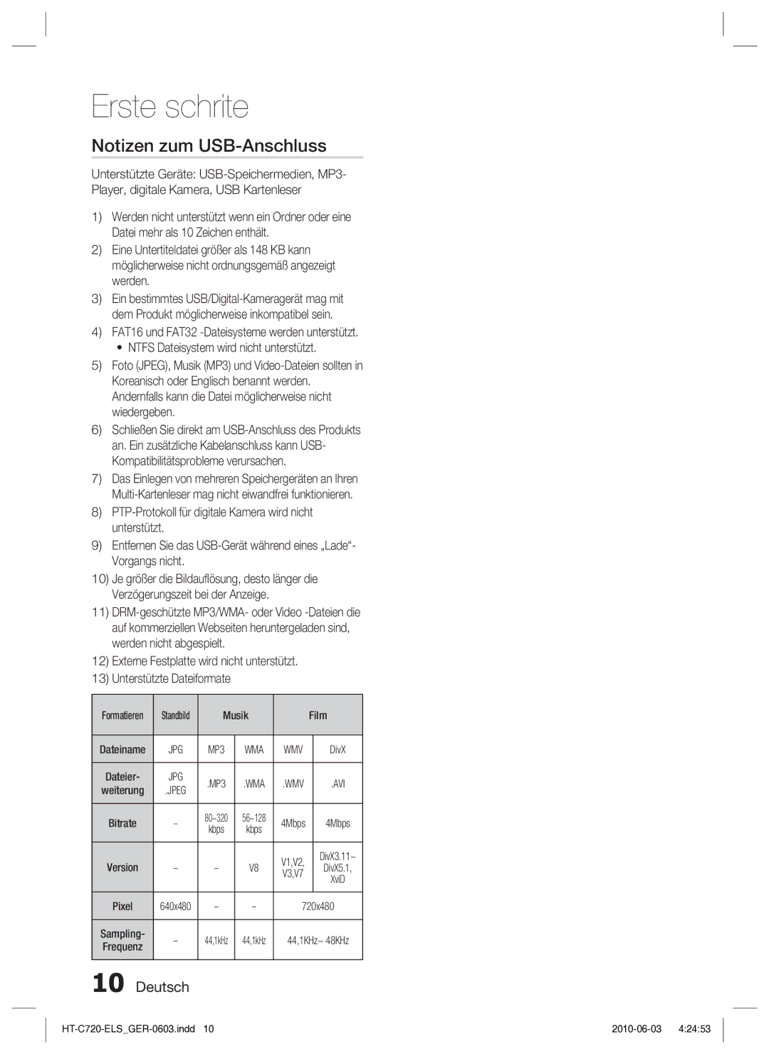 Samsung HT-C729/XEG manual Notizen zum USB-Anschluss, Avi 