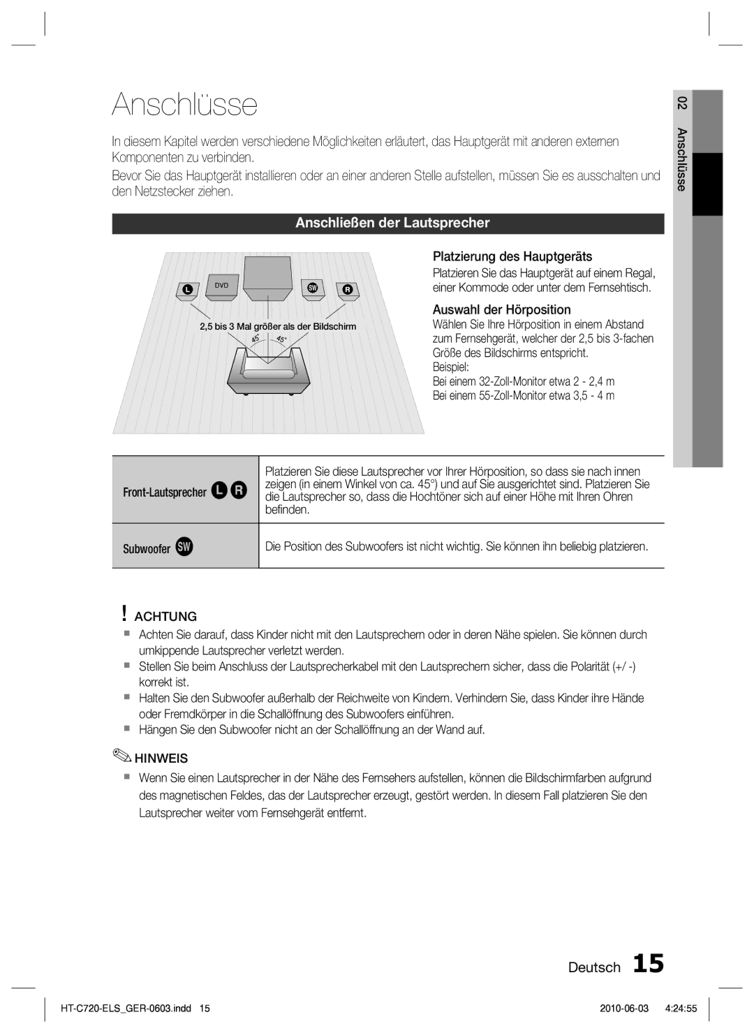 Samsung HT-C729/XEG manual Anschlüsse, Anschließen der Lautsprecher, Achtung 