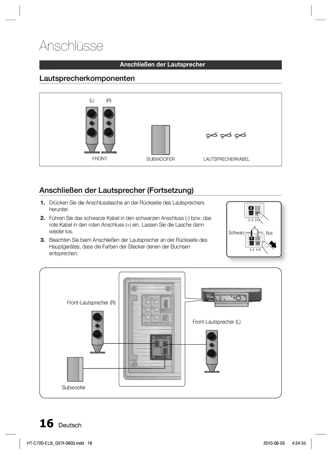 Samsung HT-C729/XEG manual Lautsprecherkomponenten, Anschließen der Lautsprecher Fortsetzung, Subwoofer 