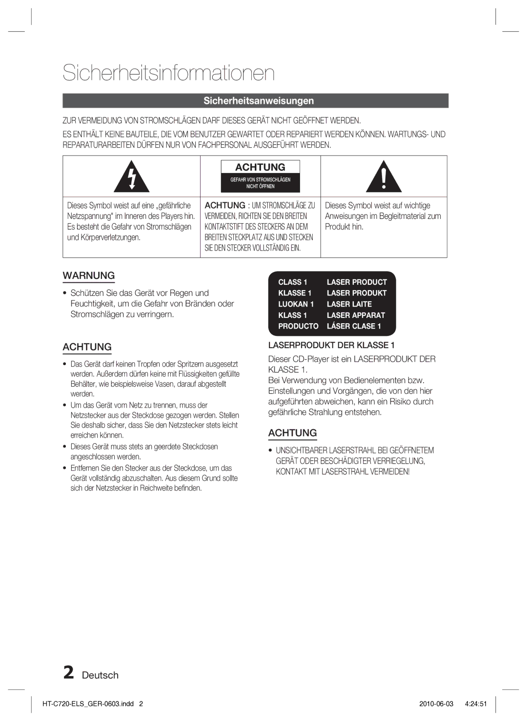 Samsung HT-C729/XEG manual Sicherheitsinformationen, Sicherheitsanweisungen, Deutsch, Laserprodukt DER Klasse 