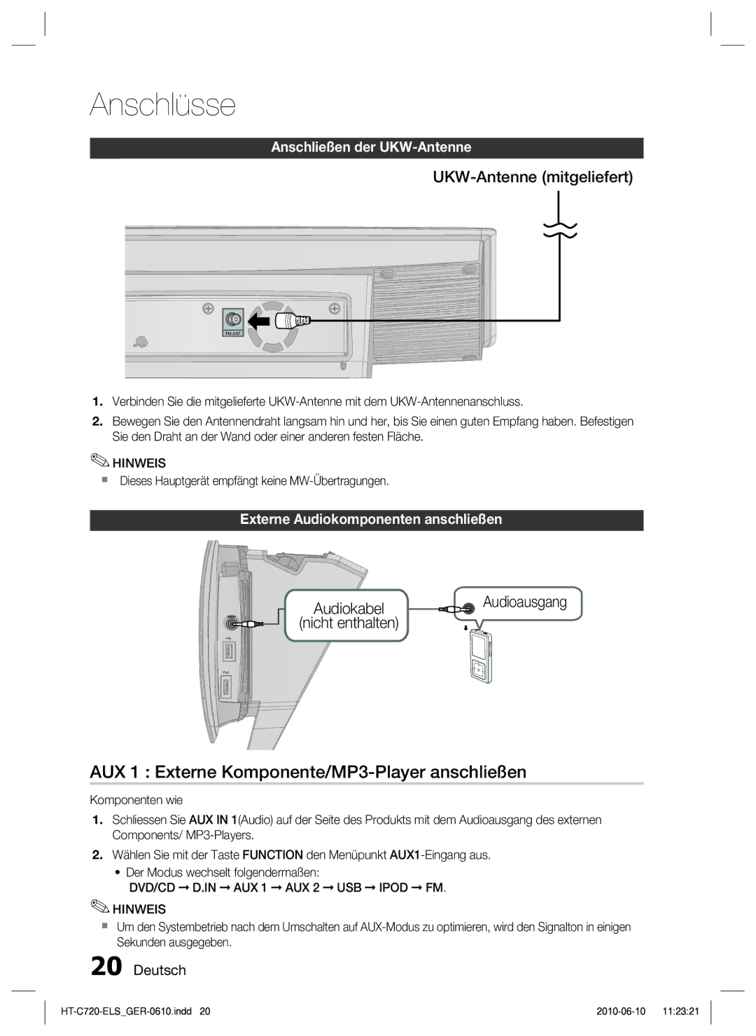 Samsung HT-C729/XEG manual AUX 1 Externe Komponente/MP3-Player anschließen, Anschließen der UKW-Antenne 