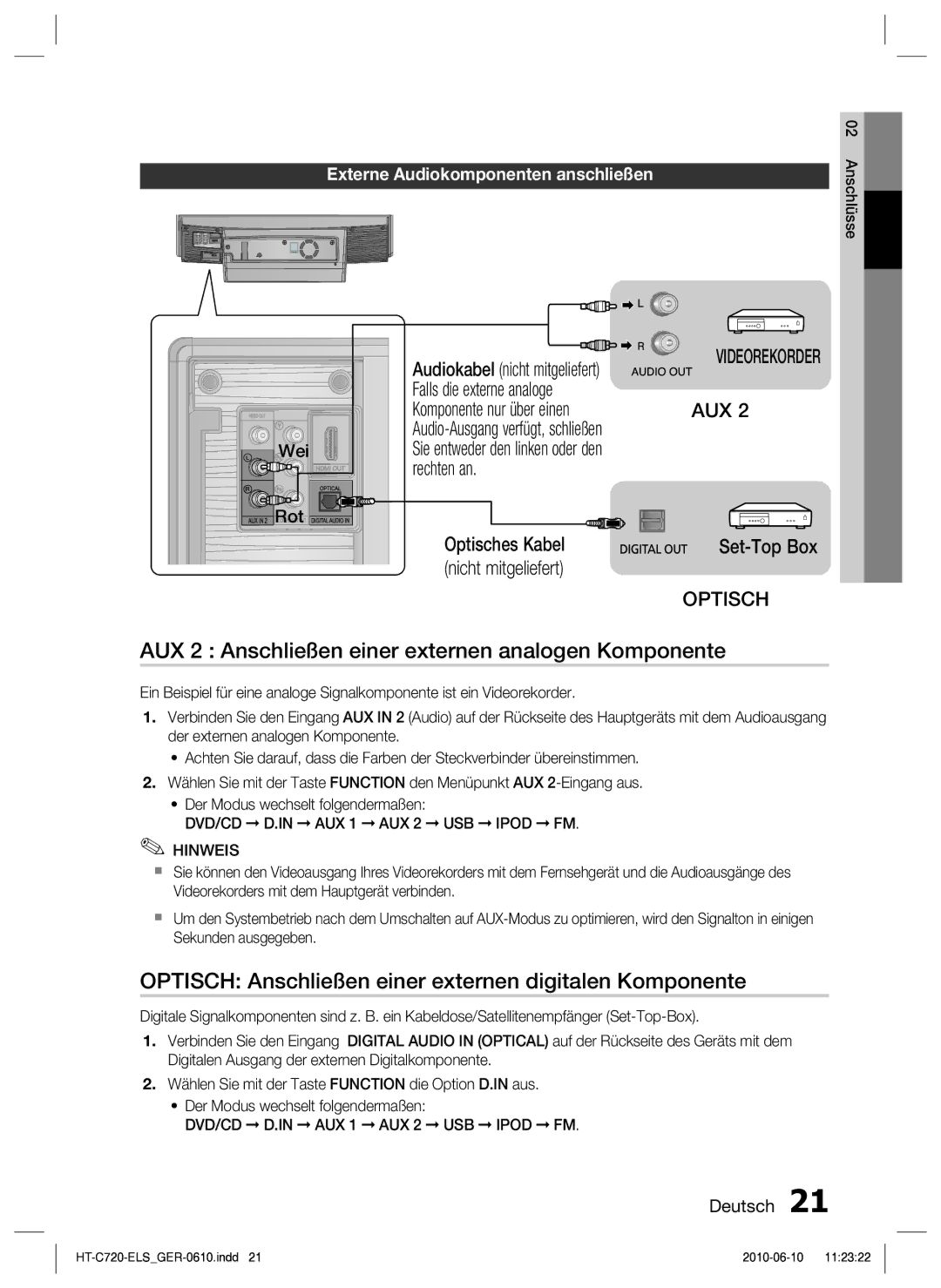 Samsung HT-C729/XEG manual AUX 2 Anschließen einer externen analogen Komponente, Wei Rot 