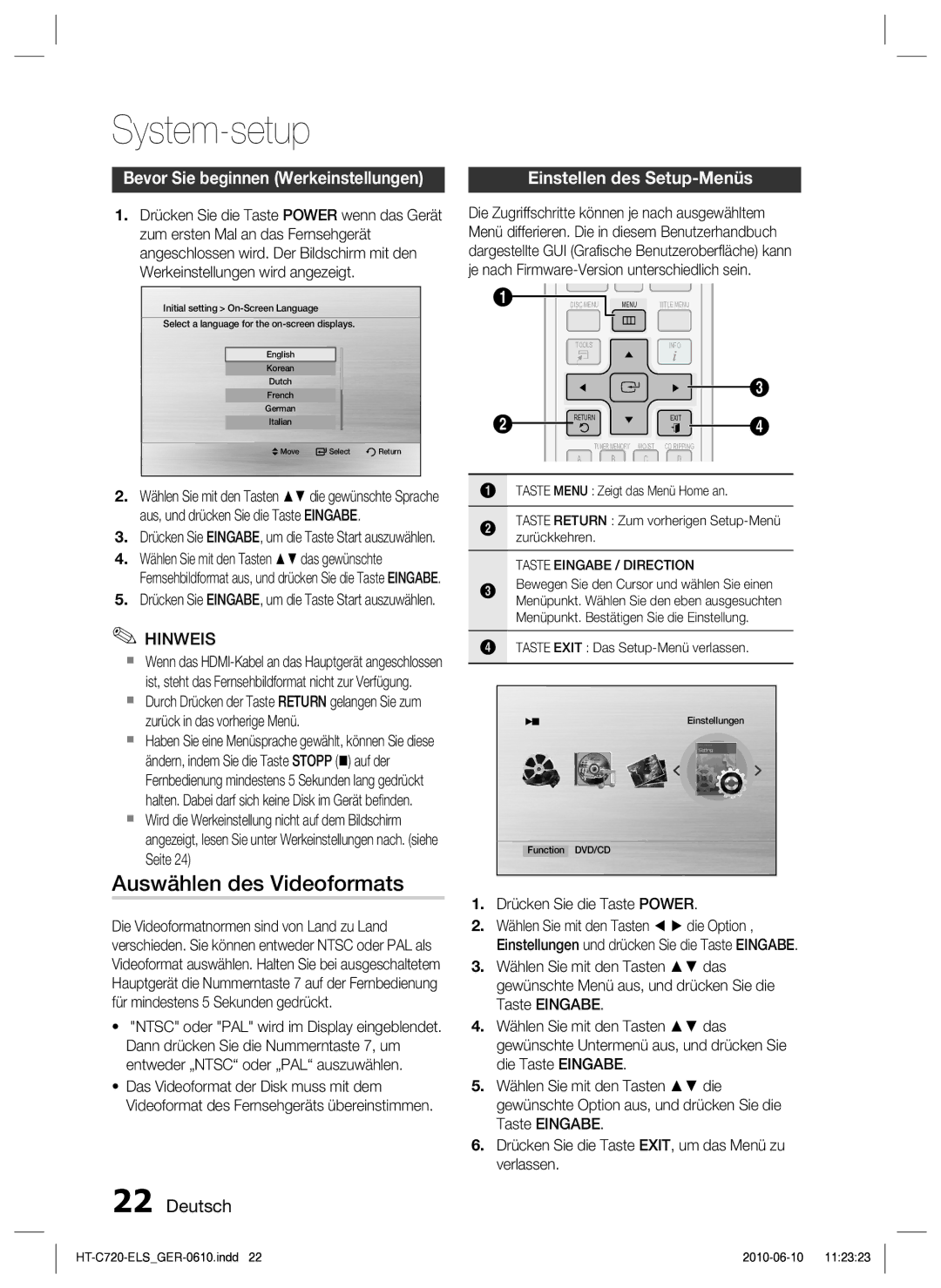 Samsung HT-C729/XEG manual System-setup, Auswählen des Videoformats, Bevor Sie beginnen Werkeinstellungen 