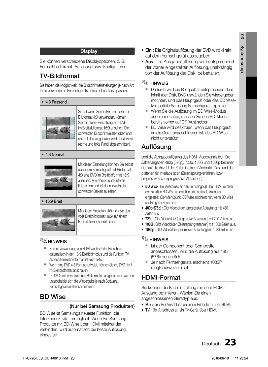 Samsung HT-C729/XEG manual TV-Bildformat, BD Wise, Auﬂösung, HDMI-Format, Display 