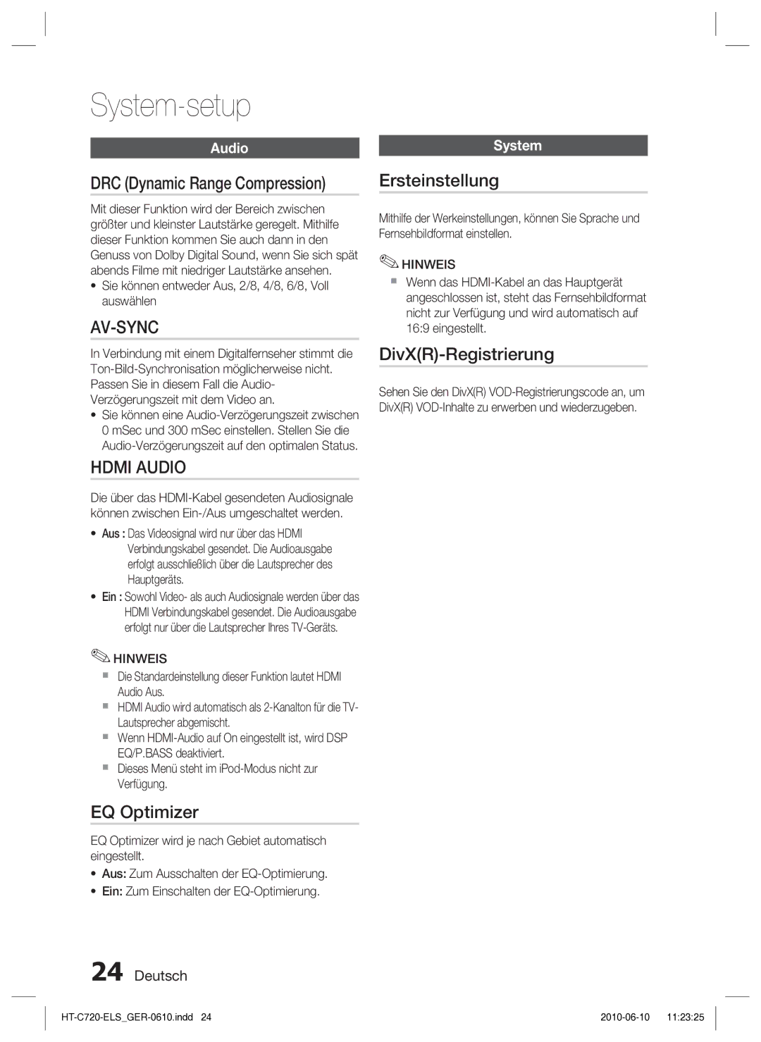 Samsung HT-C729/XEG manual EQ Optimizer, Ersteinstellung, DivXR-Registrierung, Audio 