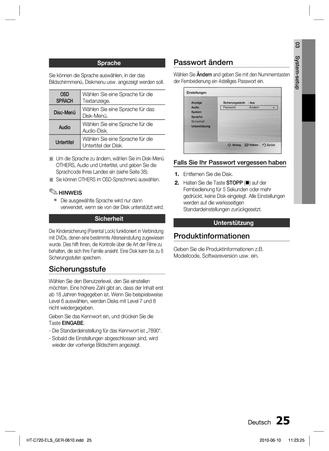 Samsung HT-C729/XEG manual Sicherungsstufe, Passwort ändern, Produktinformationen 