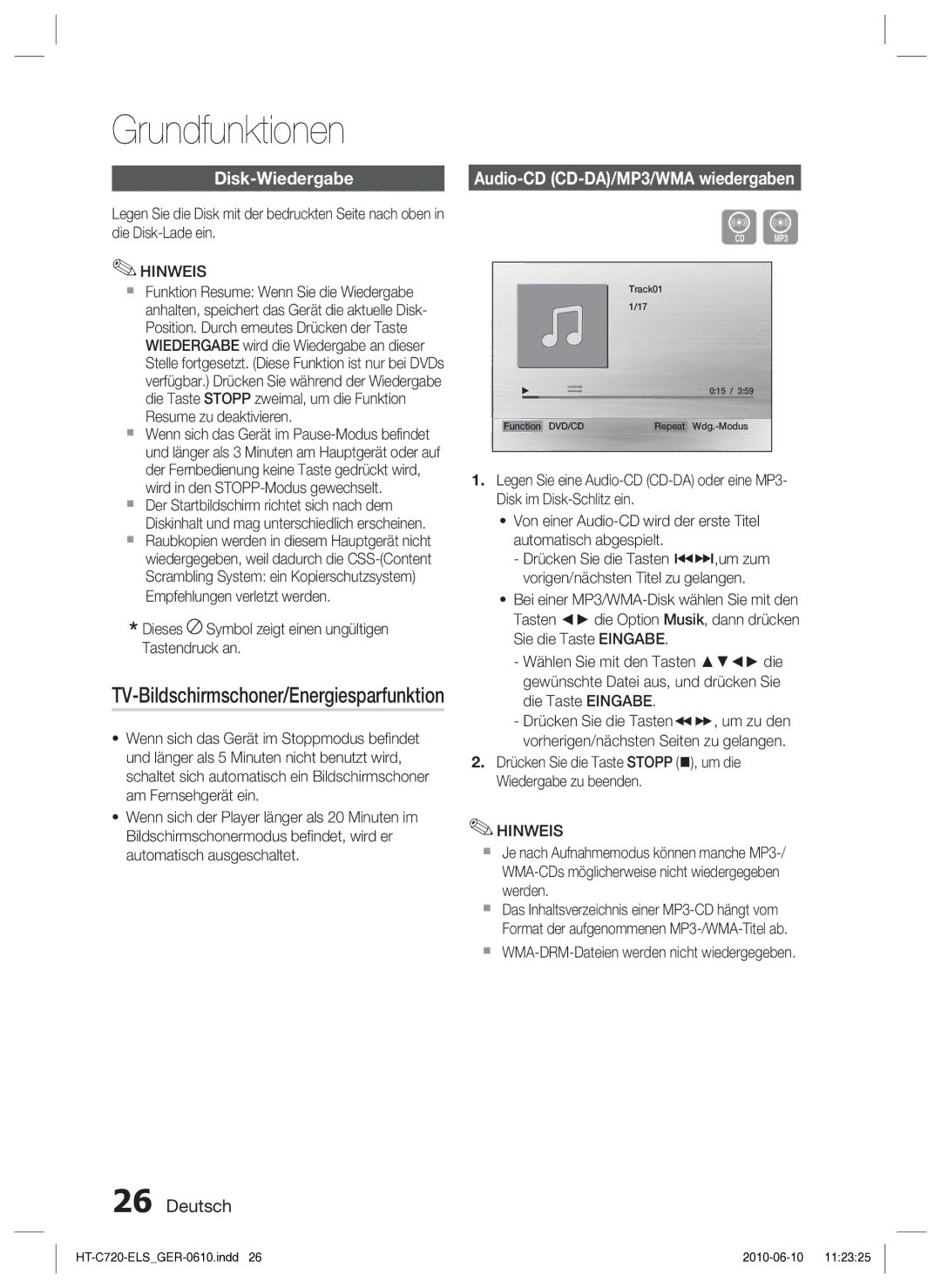 Samsung HT-C729/XEG manual Grundfunktionen, Disk-Wiedergabe, TV-Bildschirmschoner/Energiesparfunktion 