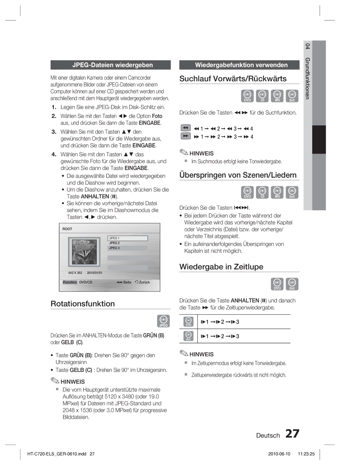 Samsung HT-C729/XEG manual Rotationsfunktion, Suchlauf Vorwärts/Rückwärts, Überspringen von Szenen/Liedern 