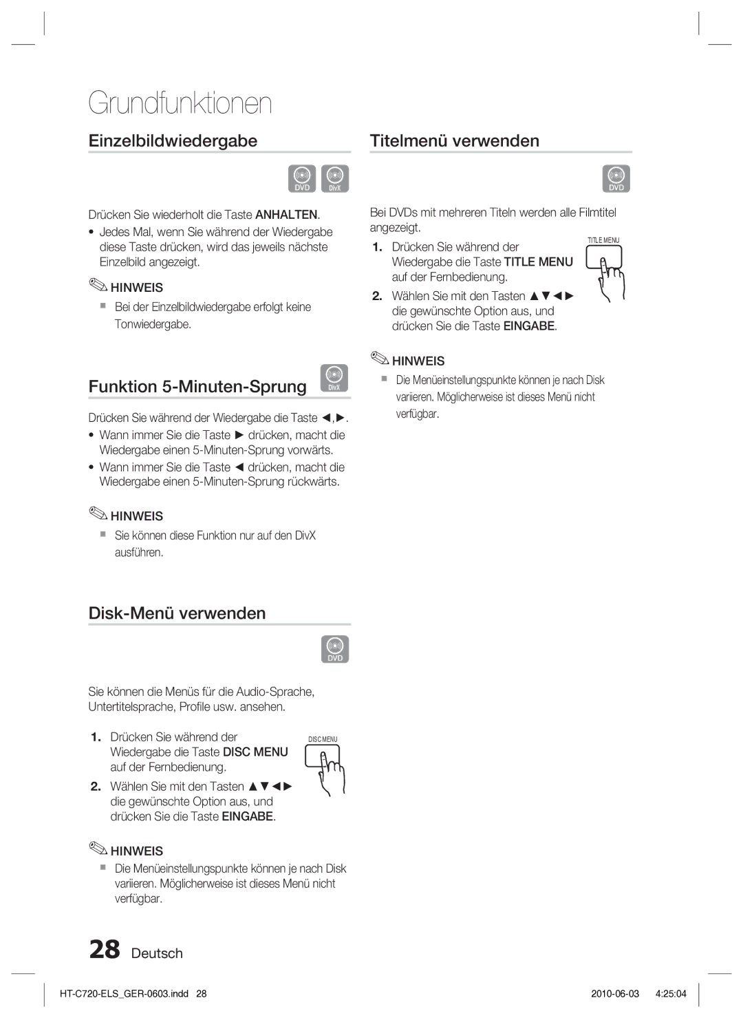 Samsung HT-C729/XEG manual Einzelbildwiedergabe, Titelmenü verwenden, Funktion 5-Minuten-Sprung D, Disk-Menü verwenden 