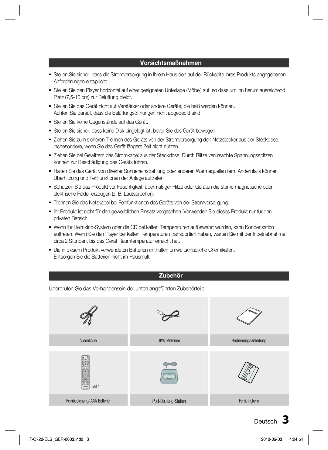 Samsung HT-C729/XEG manual Vorsichtsmaßnahmen, Zubehör, IPod-Docking-Station 