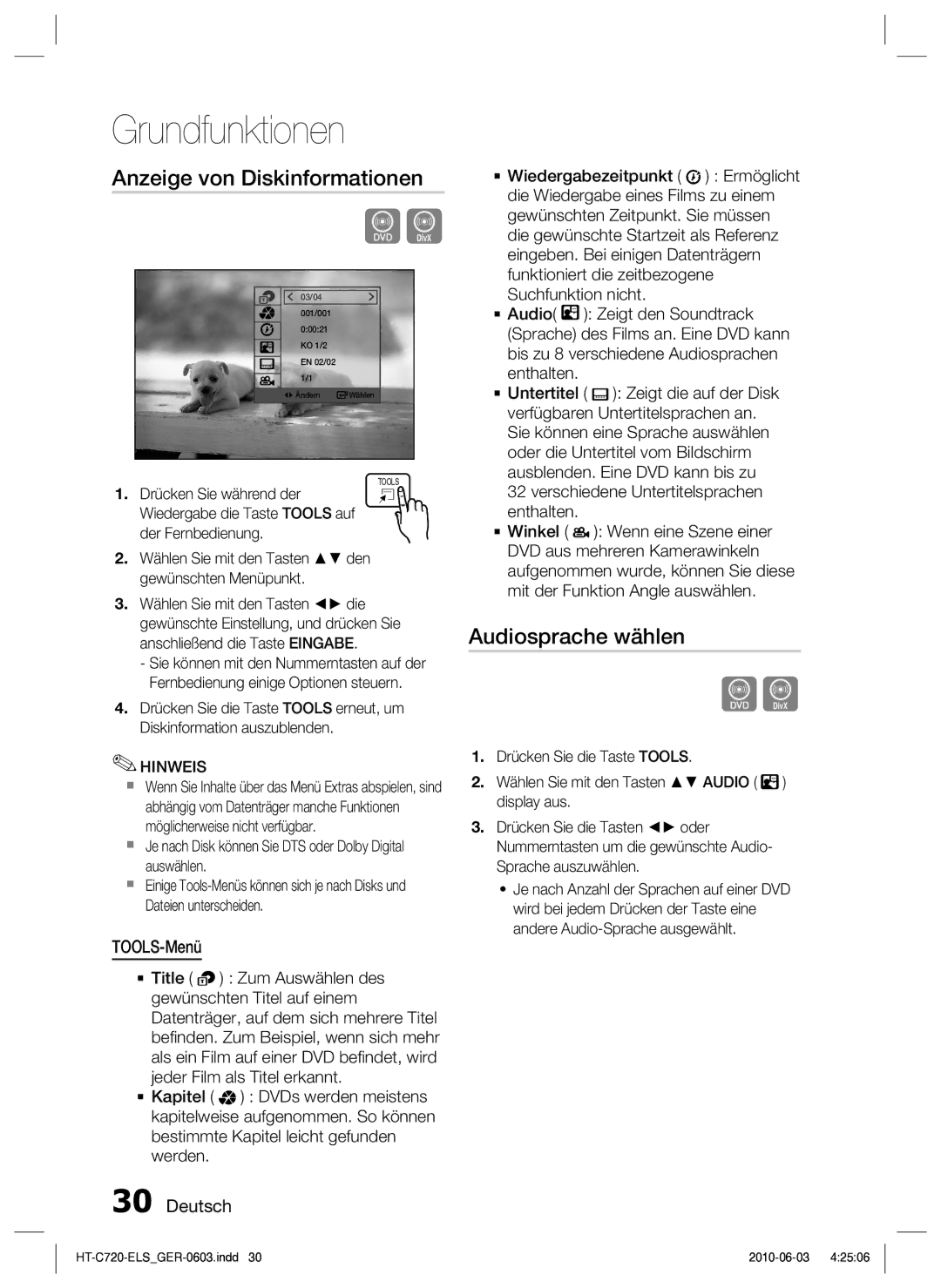 Samsung HT-C729/XEG manual Anzeige von Diskinformationen, Audiosprache wählen, TOOLS-Menü 