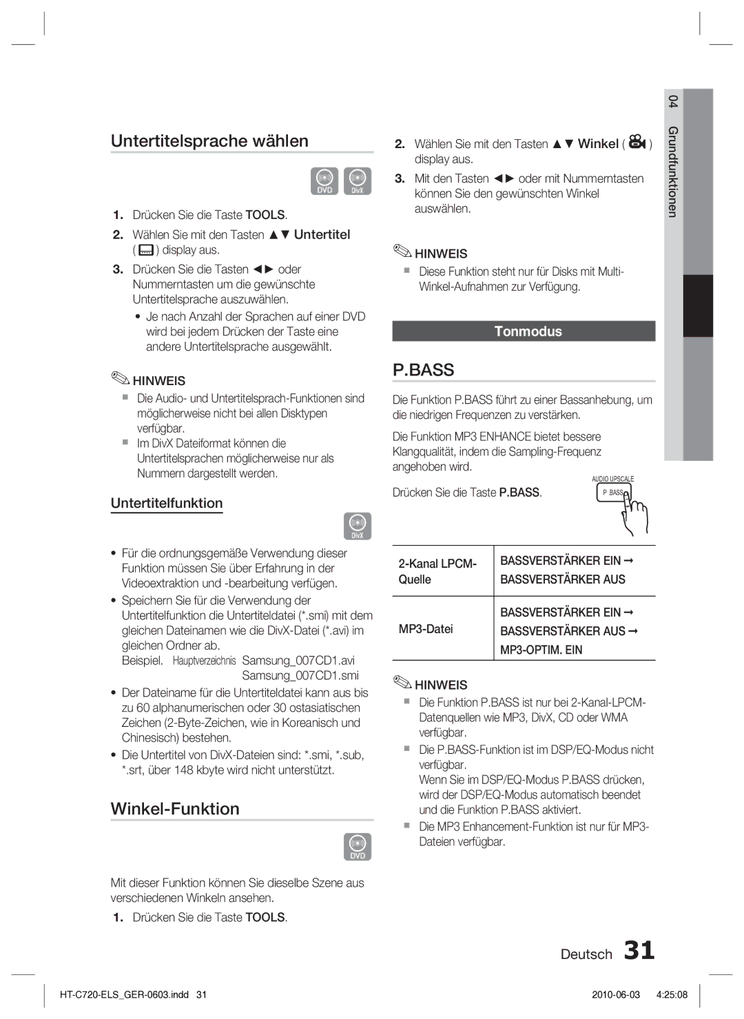 Samsung HT-C729/XEG manual Untertitelsprache wählen, Winkel-Funktion, Untertitelfunktion, Tonmodus 