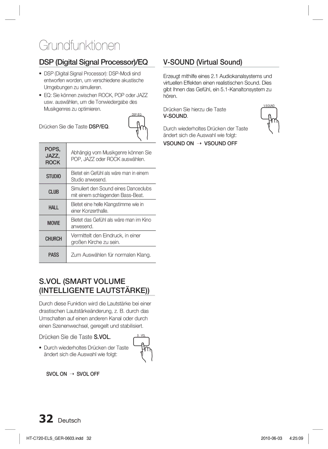 Samsung HT-C729/XEG manual DSP Digital Signal Processor/EQ, Sound Virtual Sound, Drücken Sie die Taste S.VOL 