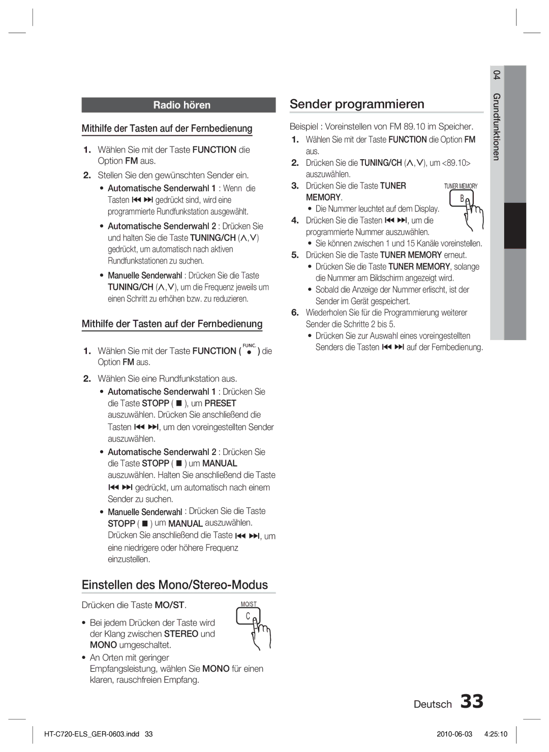 Samsung HT-C729/XEG manual Einstellen des Mono/Stereo-Modus, Sender programmieren, Radio hören 