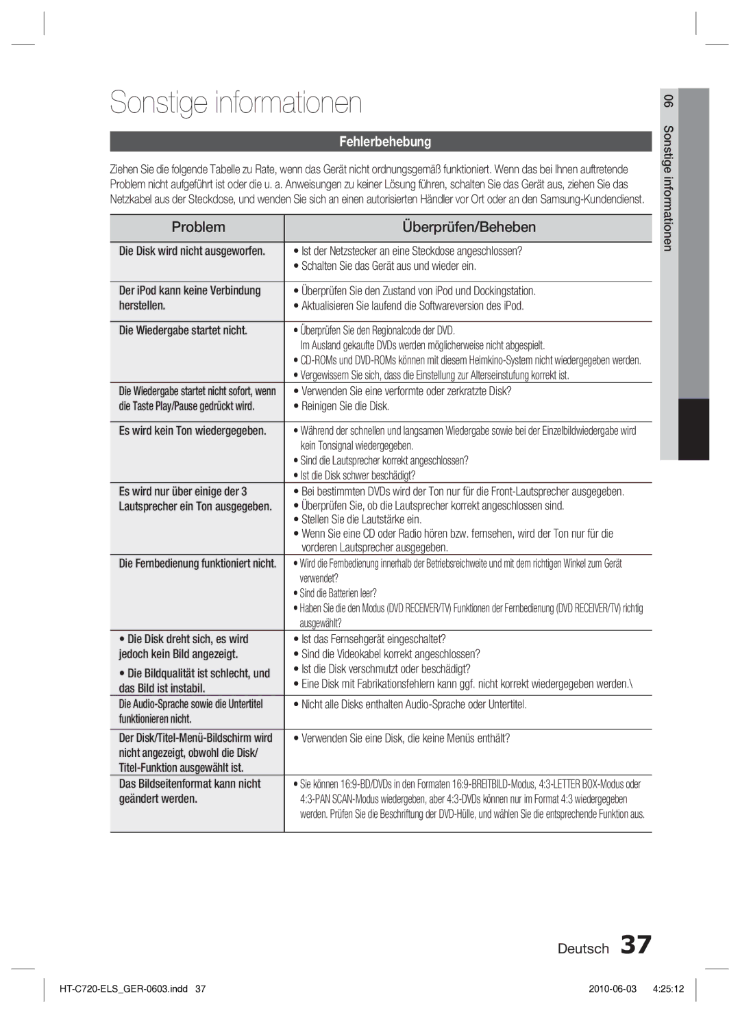 Samsung HT-C729/XEG manual Sonstige informationen, Fehlerbehebung 