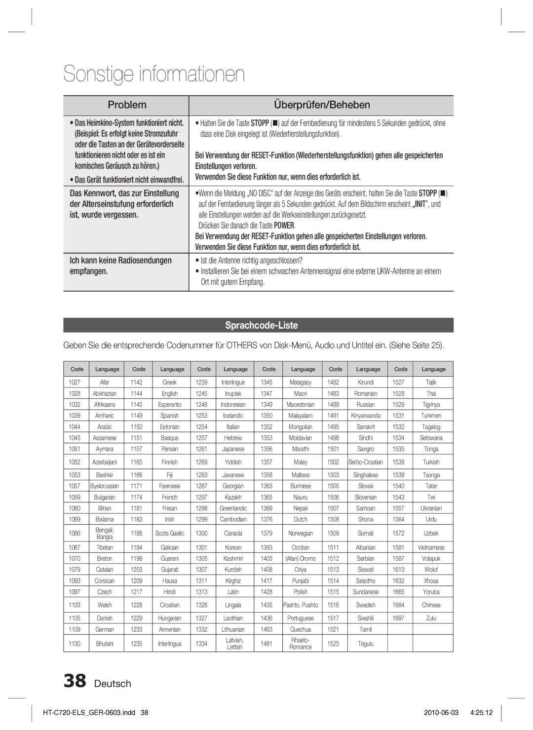 Samsung HT-C729/XEG manual Sprachcode-Liste 