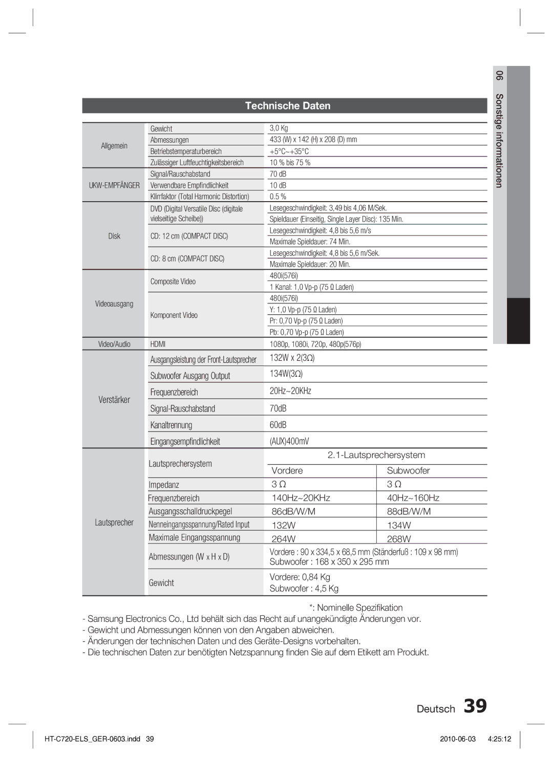 Samsung HT-C729/XEG manual Technische Daten 