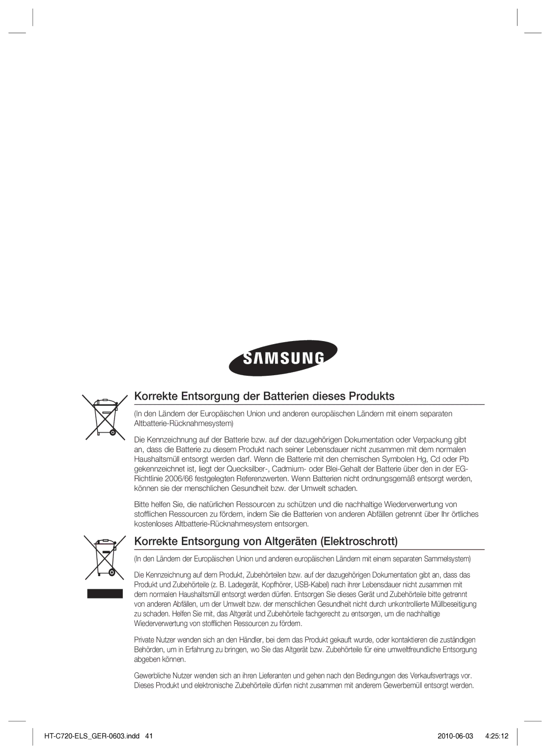 Samsung HT-C729/XEG manual Korrekte Entsorgung der Batterien dieses Produkts 