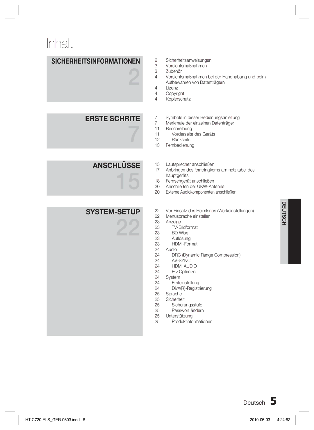 Samsung HT-C729/XEG manual Inhalt, Sicherheitsinformationen 