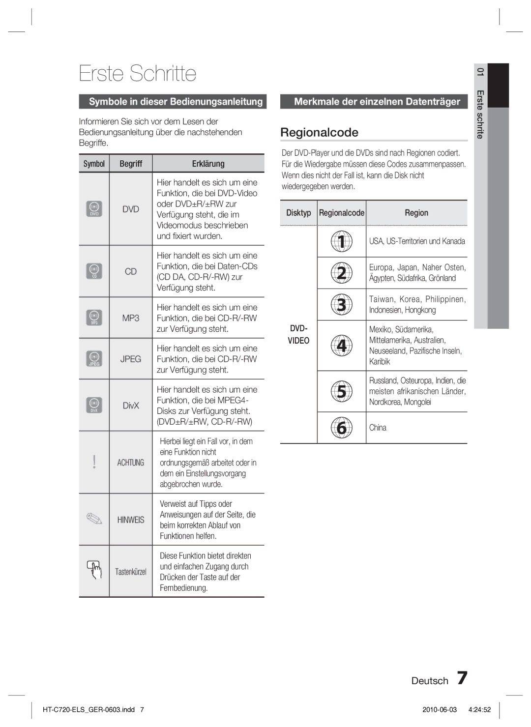 Samsung HT-C729/XEG manual Erste Schritte, Regionalcode, Symbole in dieser Bedienungsanleitung 