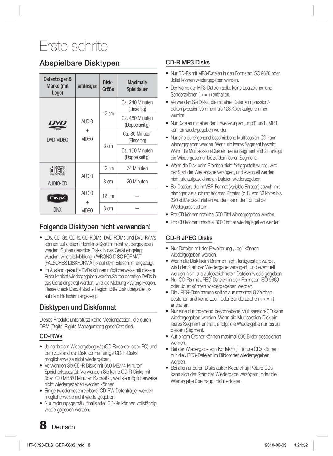 Samsung HT-C729/XEG manual Erste schrite, Abspielbare Disktypen, Disktypen und Diskformat 