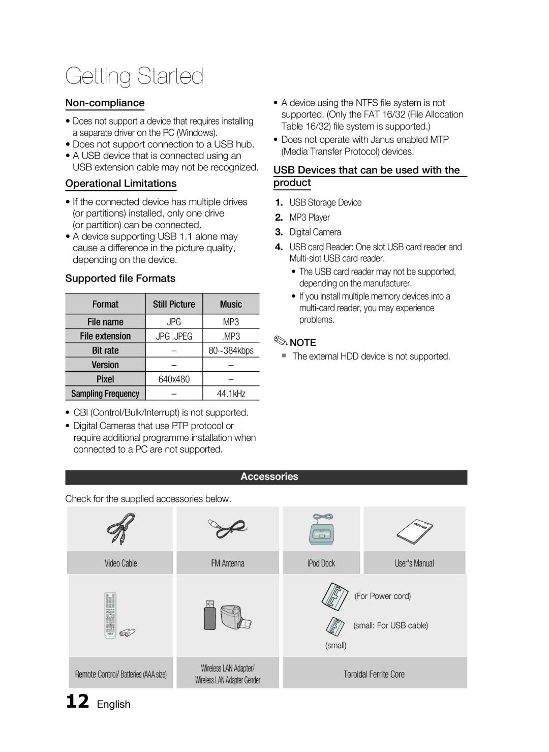 Samsung HT-C7300/EDC, HT-C7300/XEN manual Non-compliance, Operational Limitations, Supported ﬁle Formats, Accessories 