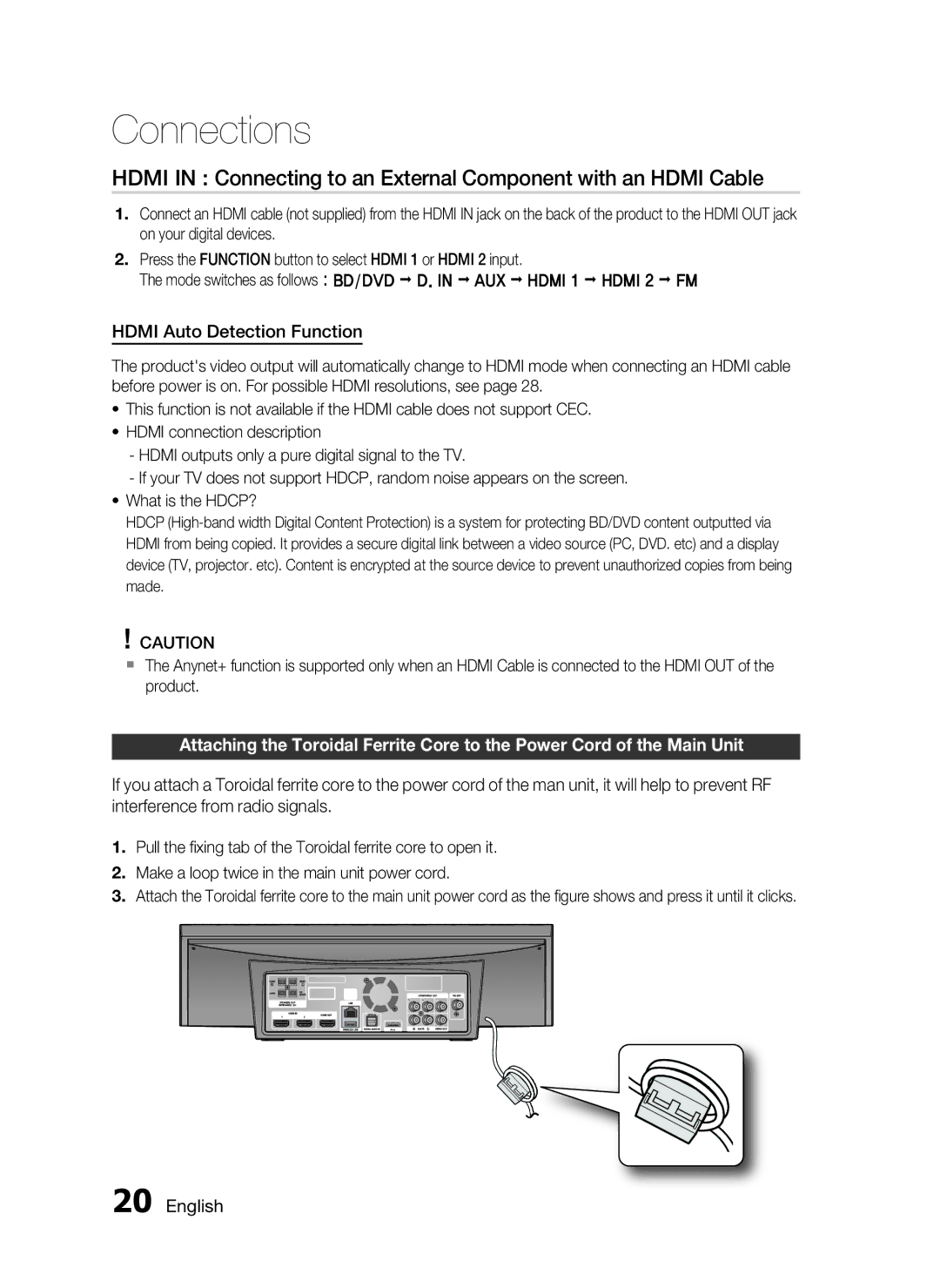 Samsung HT-C7300/XEF, HT-C7300/EDC, HT-C7300/XEN manual Hdmi Auto Detection Function 