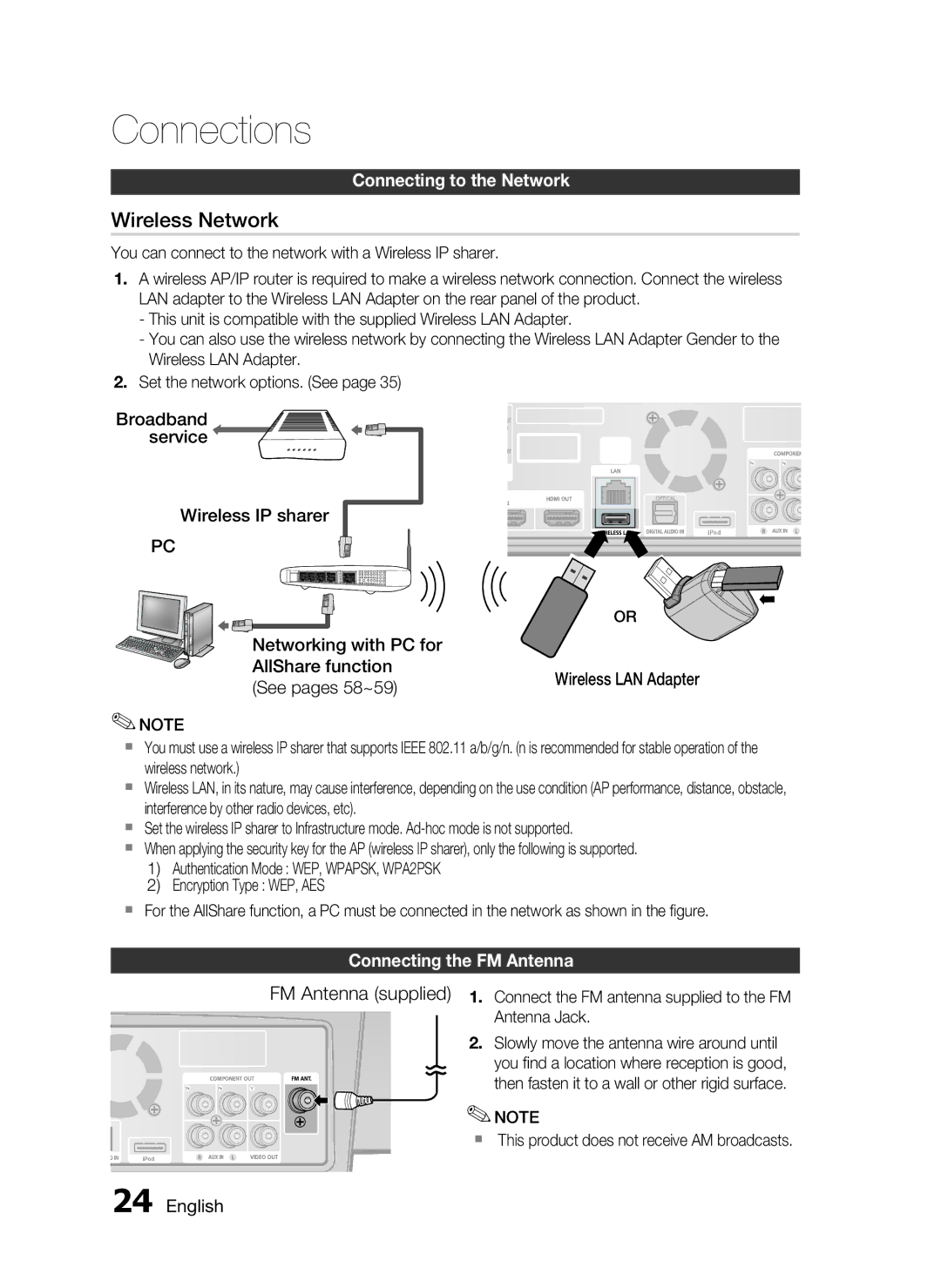 Samsung HT-C7300/EDC manual Broadband service Wireless IP sharer, Networking with PC for AllShare function, See pages 58~59 