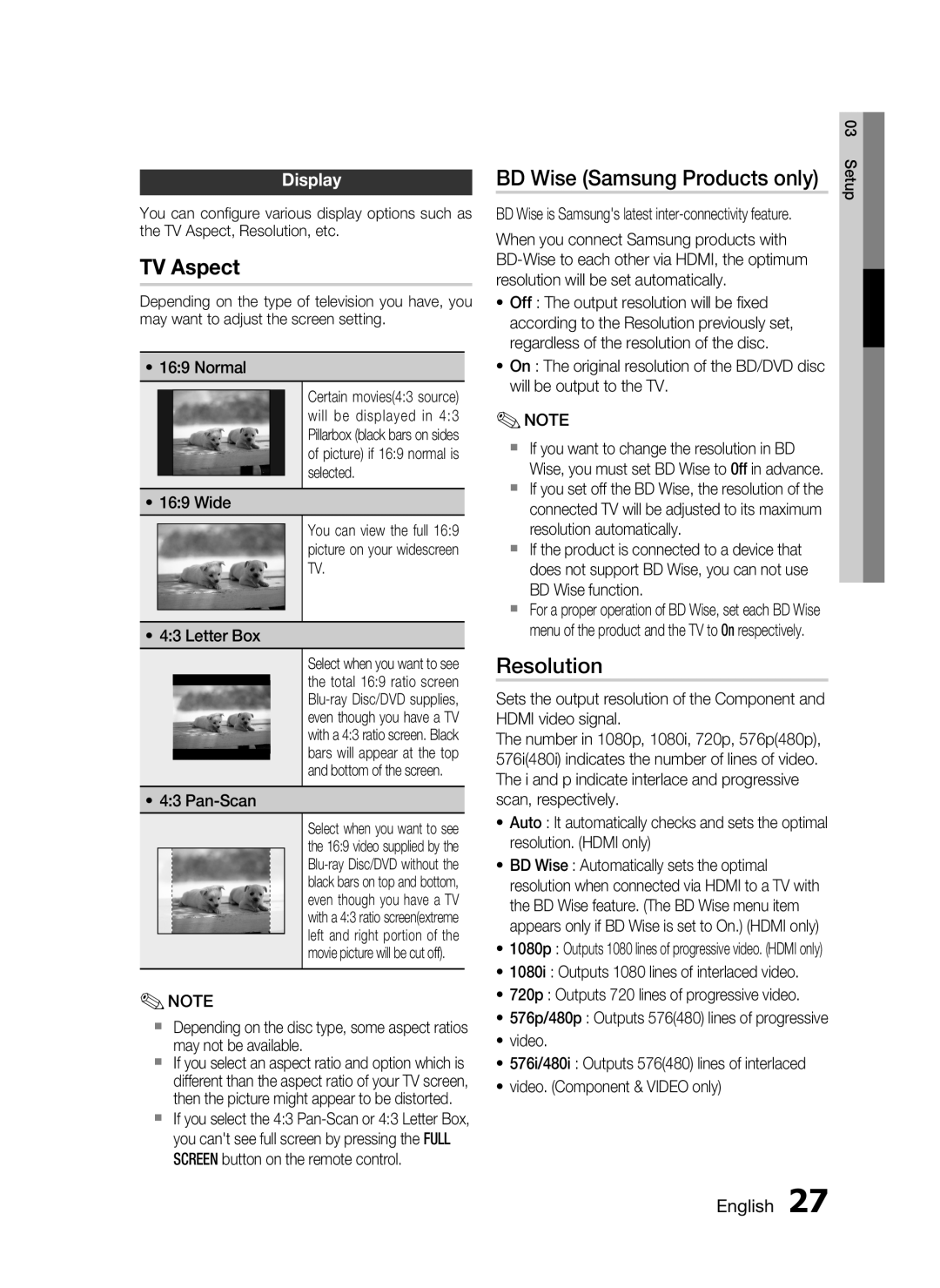 Samsung HT-C7300/EDC, HT-C7300/XEN, HT-C7300/XEF manual BD Wise Samsung Products only, Resolution, Display, Pan-Scan 