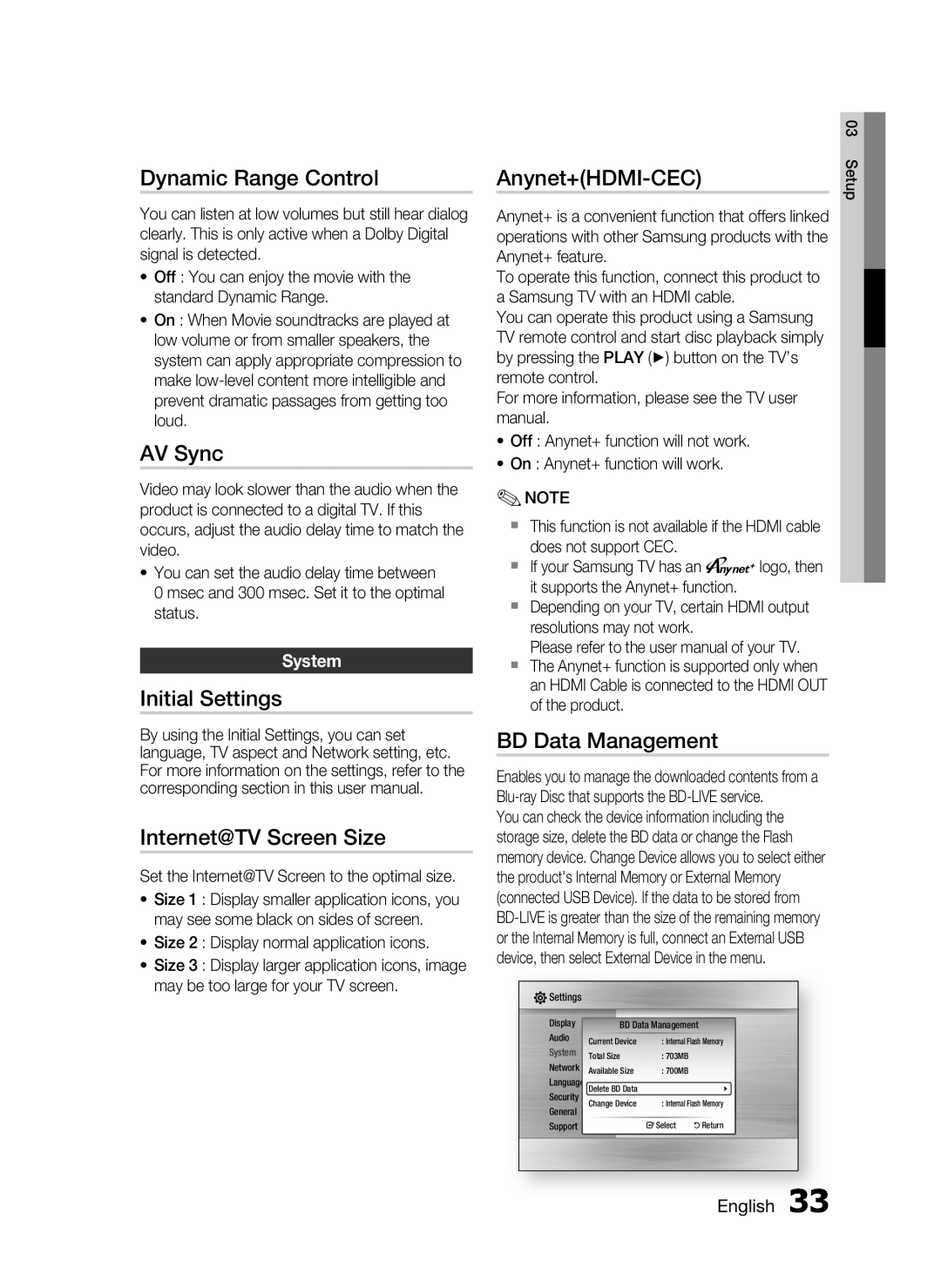 Samsung HT-C7300/EDC manual Dynamic Range Control, AV Sync, Initial Settings Internet@TV Screen Size, Anynet+HDMI-CEC 