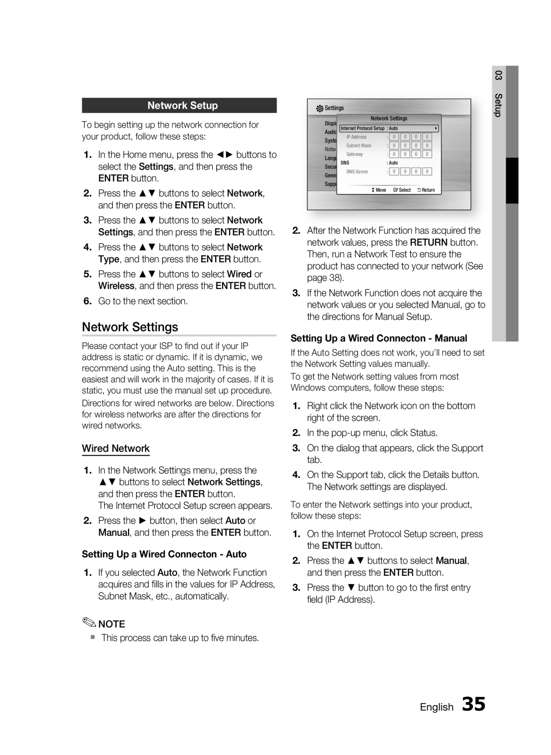 Samsung HT-C7300/XEF, HT-C7300/EDC, HT-C7300/XEN manual Network Settings, Network Setup, Wired Network 