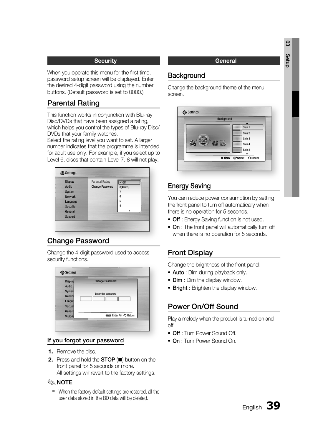 Samsung HT-C7300/EDC manual Parental Rating, Change Password, Background, Energy Saving, Front Display, Power On/Off Sound 