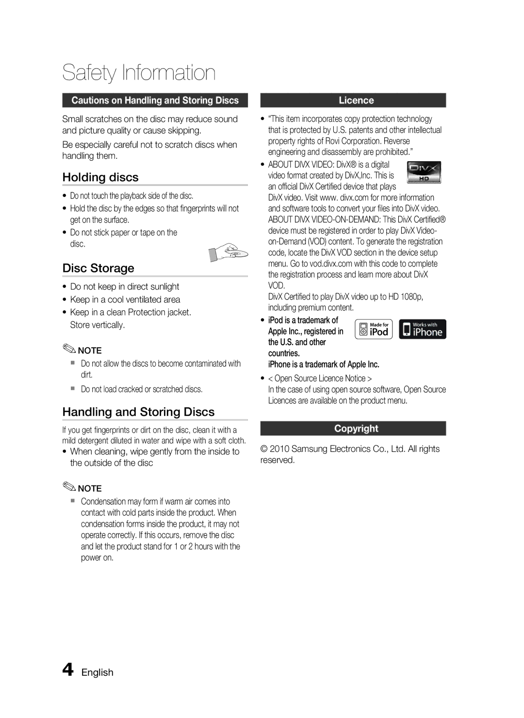 Samsung HT-C7300/XEN, HT-C7300/EDC manual Holding discs, Disc Storage, Handling and Storing Discs, Licence, Copyright 