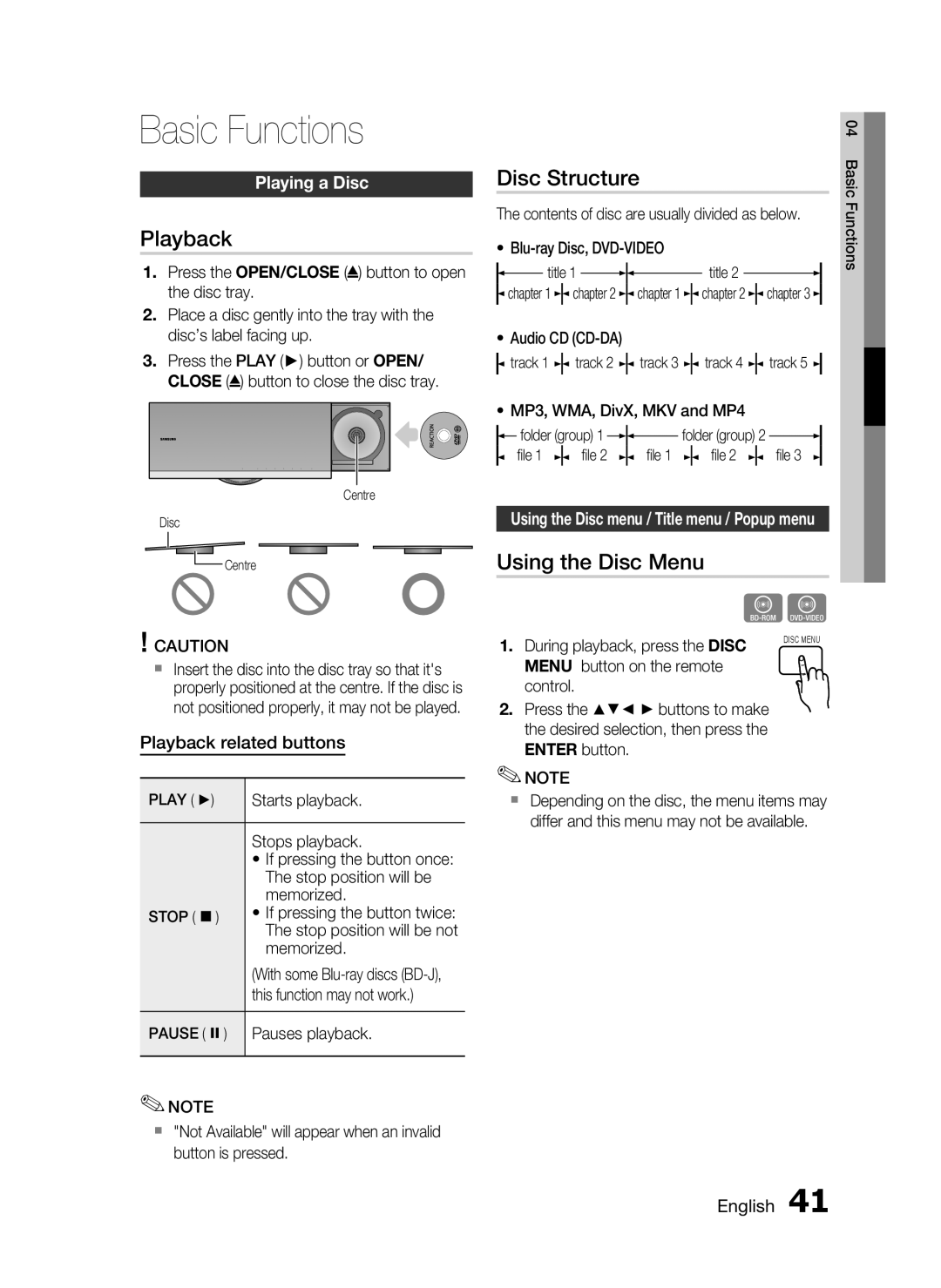 Samsung HT-C7300/XEF, HT-C7300/EDC manual Basic Functions, Playback, Disc Structure, Using the Disc Menu, Playing a Disc 