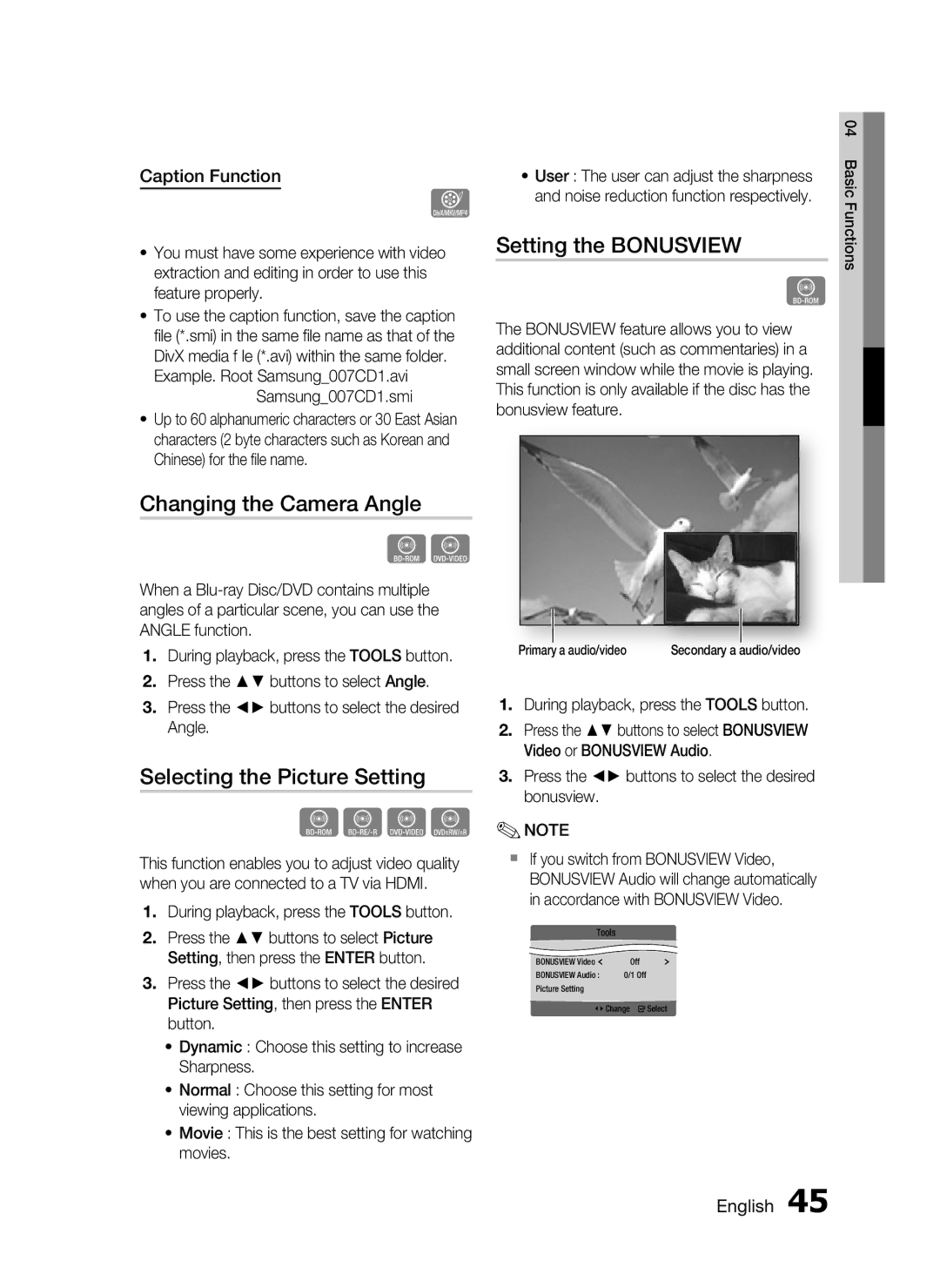 Samsung HT-C7300/EDC Changing the Camera Angle, Selecting the Picture Setting, Setting the Bonusview, Caption Function 