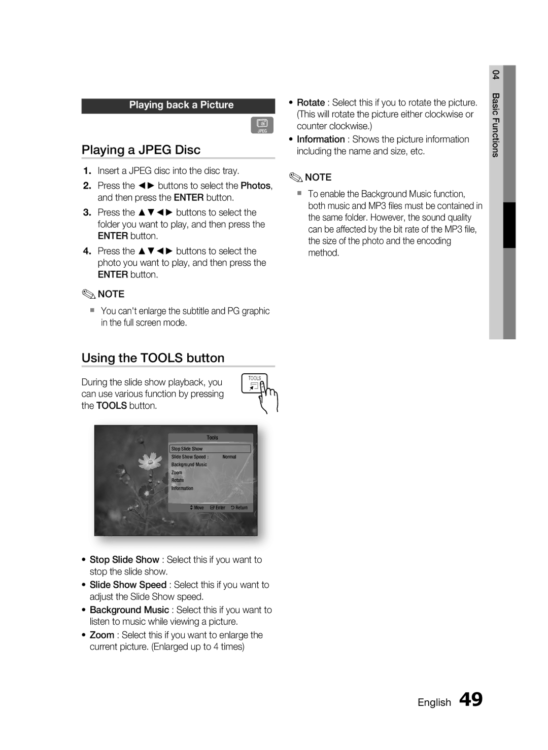 Samsung HT-C7300/XEN, HT-C7300/EDC, HT-C7300/XEF manual Playing a Jpeg Disc, Using the Tools button, Playing back a Picture 