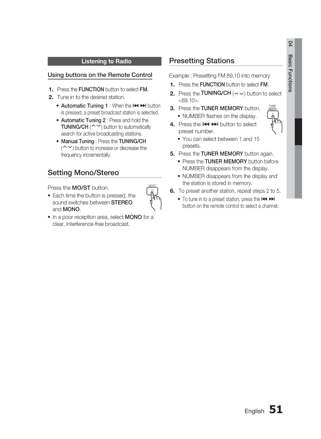 Samsung HT-C7300/EDC Setting Mono/Stereo, Presetting Stations, Listening to Radio, Using buttons on the Remote Control 