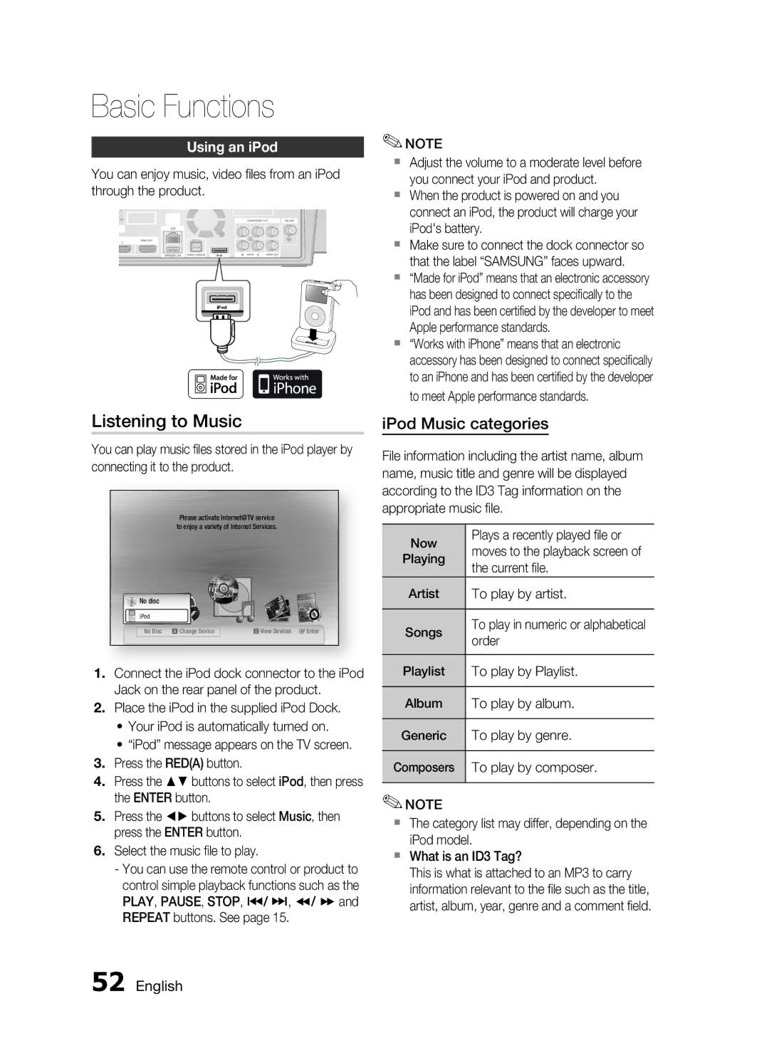 Samsung HT-C7300/XEN, HT-C7300/EDC, HT-C7300/XEF manual Listening to Music, Using an iPod 