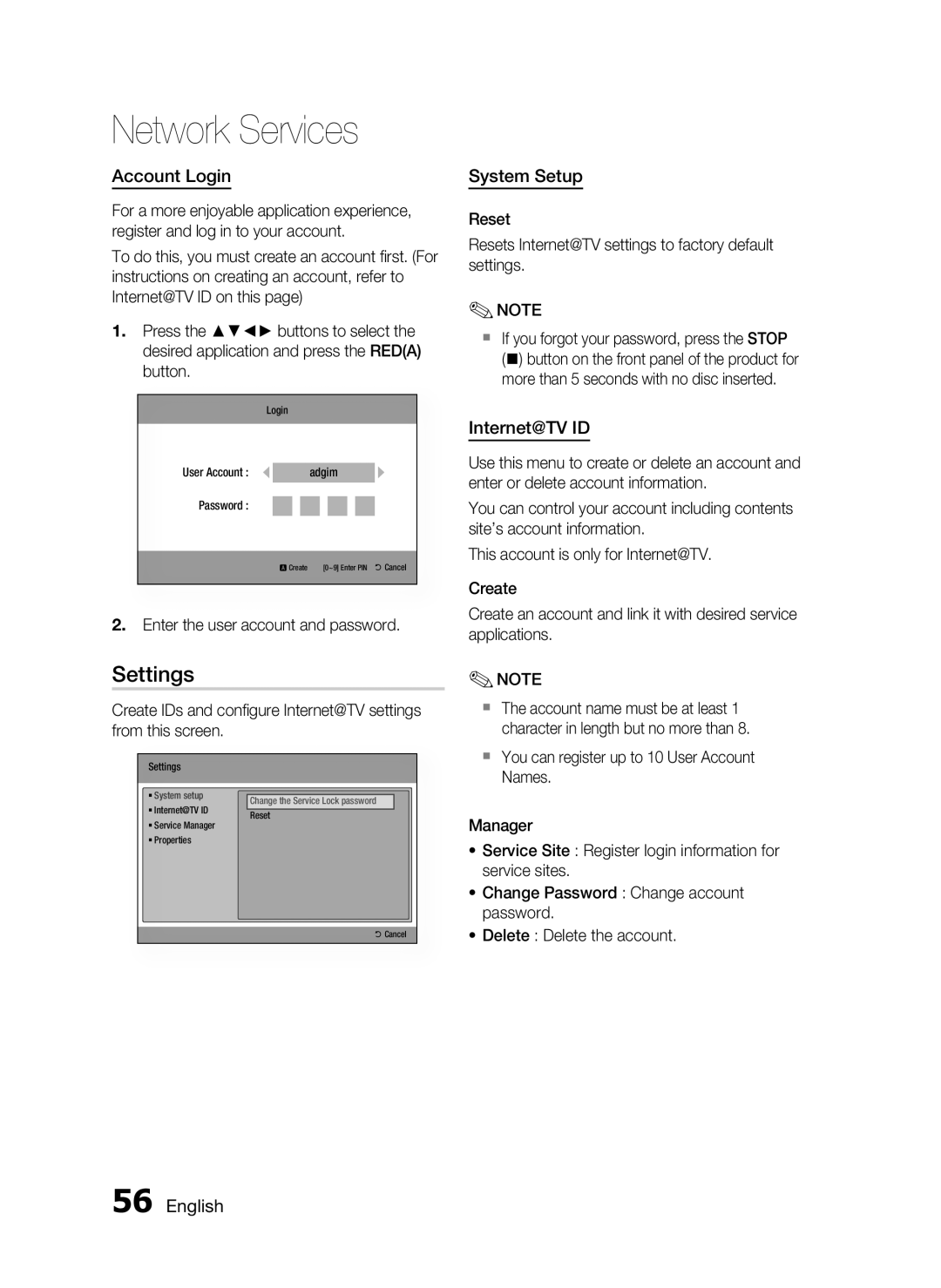 Samsung HT-C7300/XEF manual Settings, Account Login, System Setup, Internet@TV ID, Enter the user account and password 