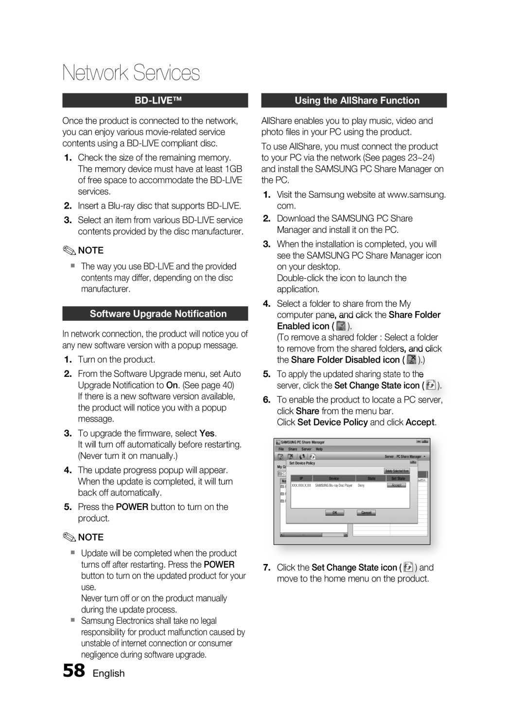 Samsung HT-C7300/XEN, HT-C7300/EDC, HT-C7300/XEF manual Bd-Live, Software Upgrade Notiﬁcation 