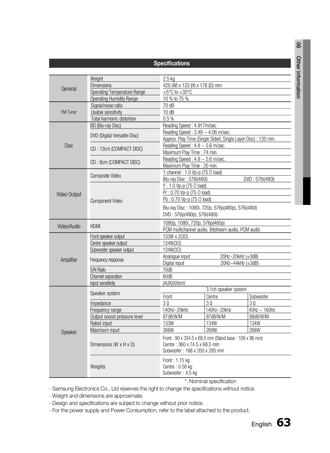 Samsung HT-C7300/EDC, HT-C7300/XEN, HT-C7300/XEF manual Speciﬁcations 