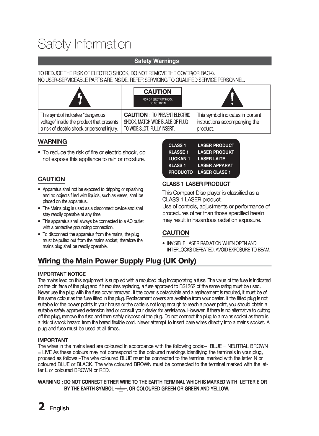 Samsung HT-C7300/XEF, HT-C7300/EDC Safety Information, Wiring the Main Power Supply Plug UK Only, Safety Warnings, English 