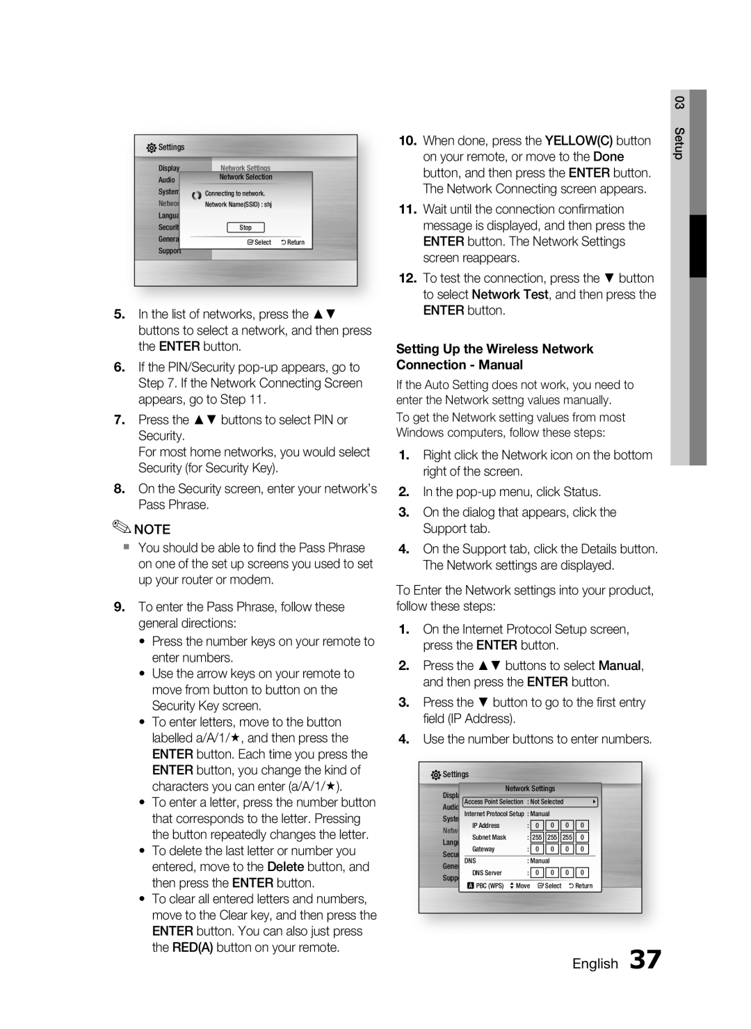 Samsung HT-C7300/XEN, HT-C7300/EDC manual Setting Up the Wireless Network Connection - Manual, English, Network Settings 