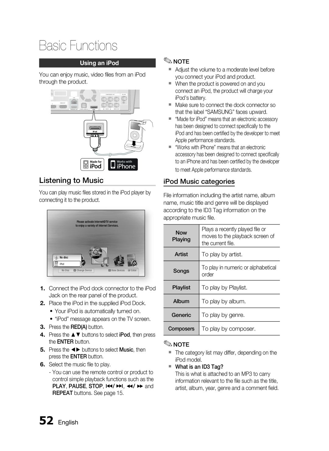 Samsung HT-C7300/XEN, HT-C7300/EDC manual Listening to Music, iPod Music categories, Using an iPod, English, Basic Functions 