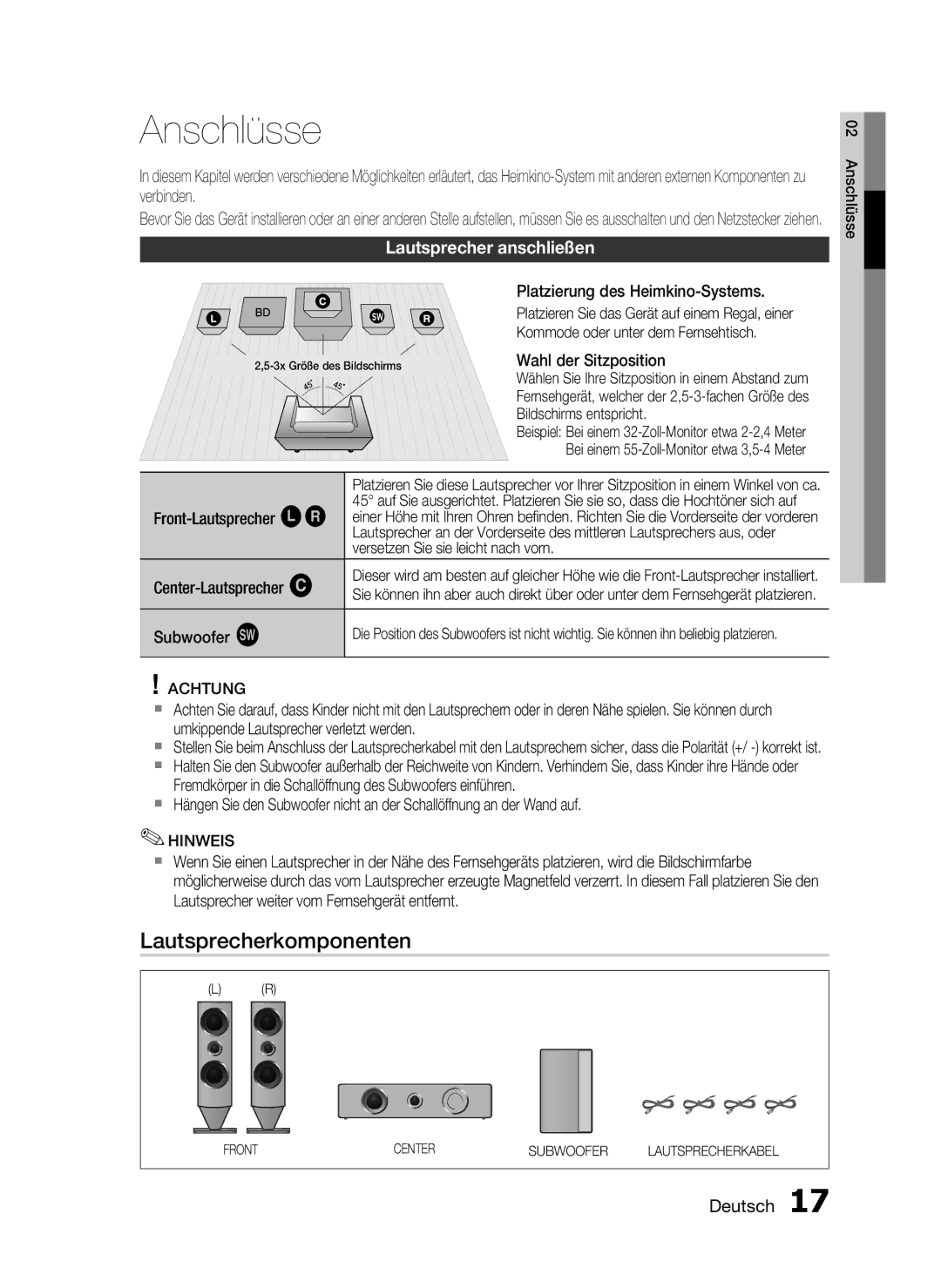 Samsung HT-C7300/XEN, HT-C7300/EDC manual Anschlüsse, Lautsprecherkomponenten, Lautsprecher anschließen 