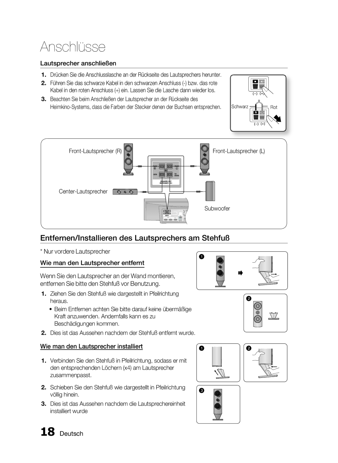 Samsung HT-C7300/EDC, HT-C7300/XEN manual Entfernen/Installieren des Lautsprechers am Stehfuß, Lautsprecher anschließen 