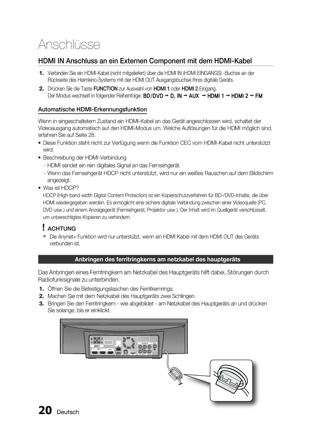 Samsung HT-C7300/EDC Automatische HDMI-Erkennungsfunktion, Anbringen des ferritringkerns am netzkabel des hauptgeräts 