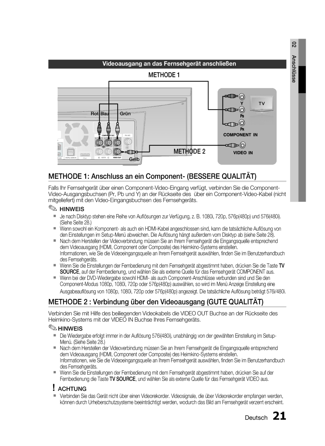 Samsung HT-C7300/XEN Methode 1 Anschluss an ein Component- Bessere Qualität, Videoausgang an das Fernsehgerät anschließen 